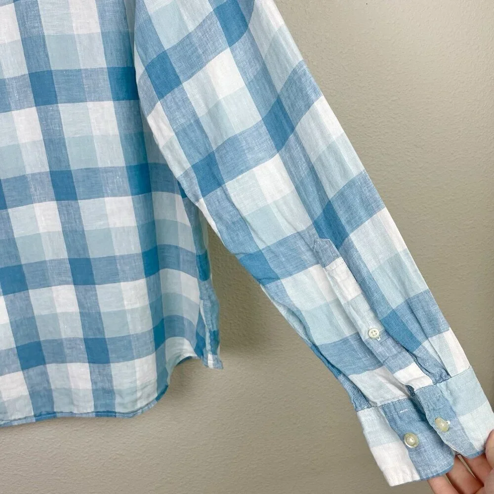 Banana Republic Men's Large Camden Fit 100% Linen Plaid Shirt Collare Button Blu